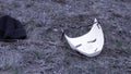 Criminal mask and cap. Footage. Close-up of gangster plastic white mask with cap lying on ground. Abandoned criminal