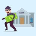 The criminal with money runs out of the bank that robbed.