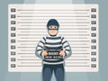 Criminal mugshot. Cartoon thief character in striped outfit, holding police department records sign with number on