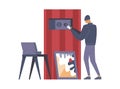 Criminal opening safe flat vector illustration. Thief, criminal in mask cartoon character. Disguised burglar lock
