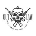 Criminal Outlaw Street Club Black And White Sign Design Template With Text, Crossed Guns And Scull