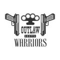 Criminal Outlaw Street Club Black And White Sign Design Template With Text, Guns And Brass Knuckles