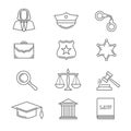 Criminal police law and justice vector thin line icons Royalty Free Stock Photo