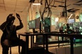 Criminal programming computer virus program in vr helmet