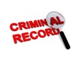 Criminal record with magnifying glass on white