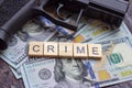 Criminal sign and black gun on usa dollars background. Black market, contract killing, mafia and crime concept