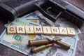 Criminal sign on usa dollars background. Black market, contract killing, robbery, mafia and crime concept.