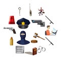 Criminal symbols icons set, cartoon style