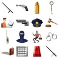 Criminal symbols icons set, cartoon style