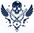 Criminal tattoo ,gang emblem or logo with aggressive skull baseball bats and other weapons and design elements, vector, bandit