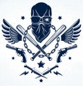 Criminal tattoo ,gang emblem or logo with aggressive skull baseball bats and other weapons and design elements, vector, bandit