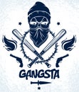 Criminal tattoo ,gang emblem or logo with aggressive skull baseball bats and other weapons and design elements, vector, bandit