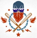 Criminal tattoo ,gang emblem or logo with aggressive skull baseball bats and other weapons and design elements, vector, bandit