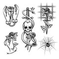 Criminal tattoo. Rose in hands of knife behind bars, spider and skull