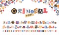 Criminal vector alphabet in trendy style. Collage color letters, numbers and punctuation marks cut from newspapers and