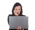 Criminal Woman Hacker Wearing Hood On Using a Laptop