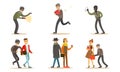 Criminals and Robbers Characters Set, Pickpockets in Dark Clothes Stealing Wallets Vector Illustration