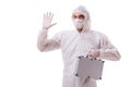 The criminologist in protective suit with steel case