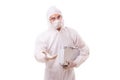 The criminologist in protective suit with steel case