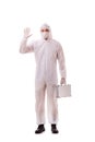 The criminologist in protective suit with steel case