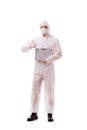 The criminologist in protective suit with steel case