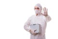 The criminologist in protective suit with steel case