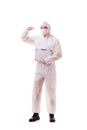 The criminologist in protective suit with steel case