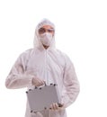 Criminologist in protective suit with steel case