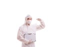 Criminologist in protective suit with steel case