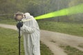 Measuring of bullet trajectory with ballistics trajectory laser and smoke on crime scene