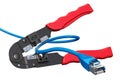 Crimper, crimp tool with lan cable, 3D rendering Royalty Free Stock Photo