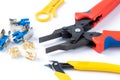 Crimping tool for internet cable, RJ45 cable and connectors on engineer& x27;s desktop. Royalty Free Stock Photo