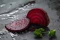 Crimson Beetroot half slice water drops. Generate Ai Royalty Free Stock Photo