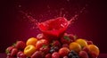 Crimson Cascade. An Assemblage of Fruits and Liquid, Bathed in Deep Crimson Light. Royalty Free Stock Photo