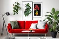 A Crimson Couch and Coffee Table Potted Plants Olive Colors