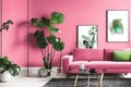 A Crimson Couch and Coffee Table Potted Plants Olive Colors