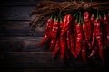 Crimson Dried Pepper on a Rich Dark Wood Background. AI Royalty Free Stock Photo