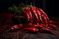 Crimson Dried Pepper on a Rich Dark Wood Background. AI Royalty Free Stock Photo
