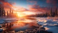 Crimson Dusk: Snow-Blanketed Forest Under Sunset\'s Glow