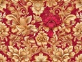 Crimson Elegance: Golden Floral Seamless