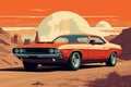 Crimson Fury. A Vintage Red Dodge Challenger Roaring Across the Desert Sands