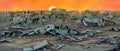 crimson glow over the ruins of the city\'s buildings, car wreckage in the foreground. Generative, Generative AI, AI