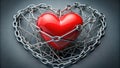 A crimson heart, bound by a complex network of interlocking chains and wire, symbolizing the constraints of love and the struggle Royalty Free Stock Photo