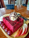 The crimson honey toast has vanilla ice cream and fresh fruit. Royalty Free Stock Photo