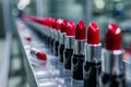 Crimson lipsticks with sleek black casings are neatly aligned on a production conveyor, beauty industry's precision