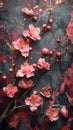 Crimson marble texture with floral branch.