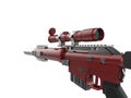 Crimson modern sniper rifle - low angle shot - closeup shot - first person view Royalty Free Stock Photo