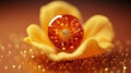 Crimson Radiance: Red Crystal Nestled in a Yellow Flower Amidst Orange Splendor with Golden Confetti