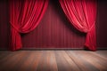 a crimson red theater curtain draped elegantly on a wooden stage