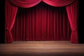 a crimson red theater curtain draped elegantly on a wooden stage